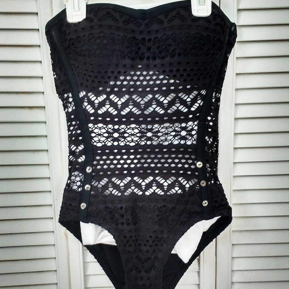 Black One Piece Swimsuit - Lacey Cutout Pattern